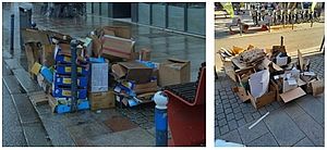 Plusieurs tas de cartons sur deux images