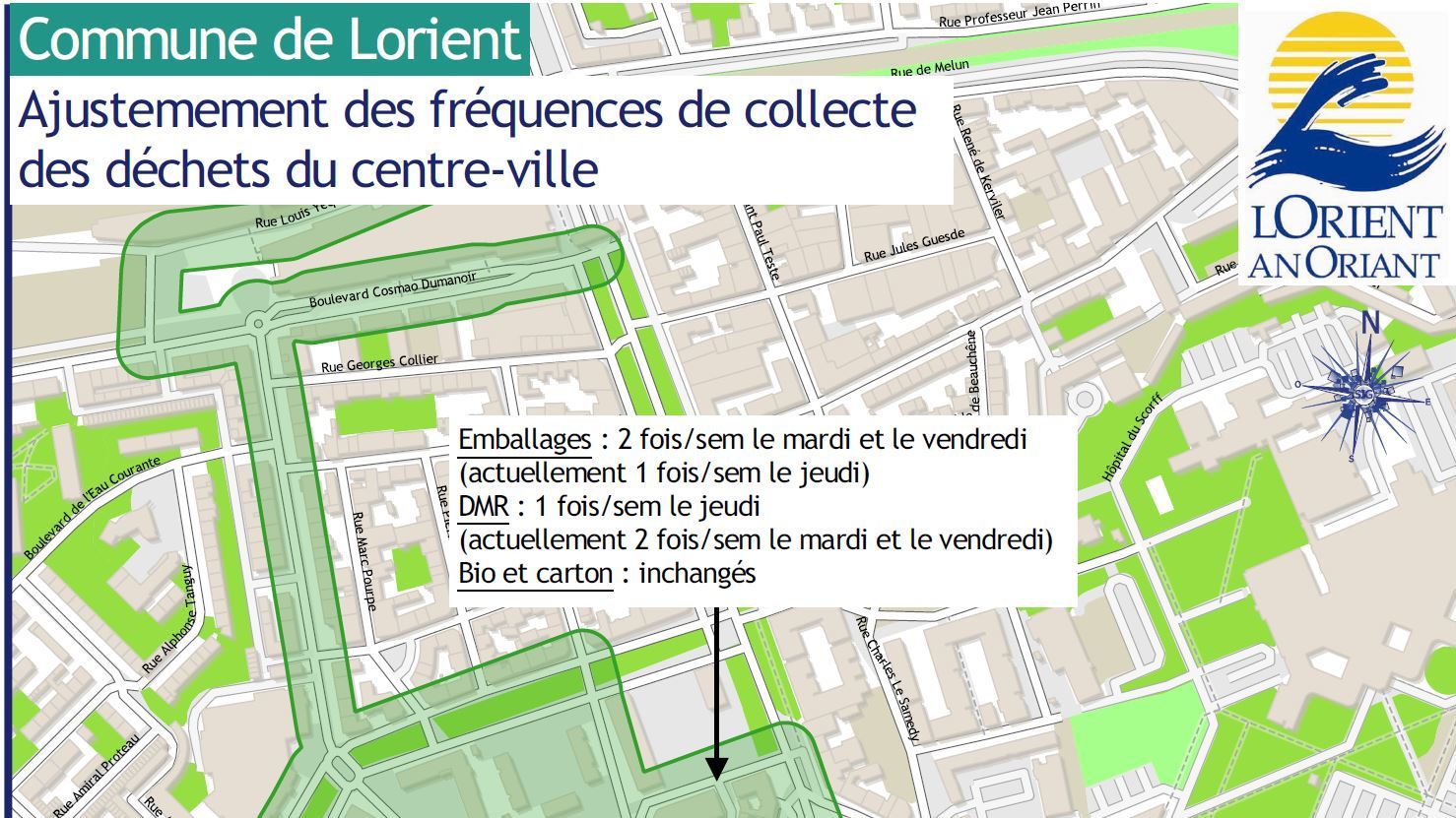 Carte des ajustemements des fréquences de collecte des déchets du centre-ville de Lorient