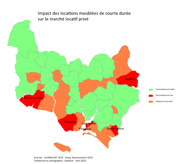 Carte impact locations courte durée sur le marché locatif privé sur Lorient Agglomération