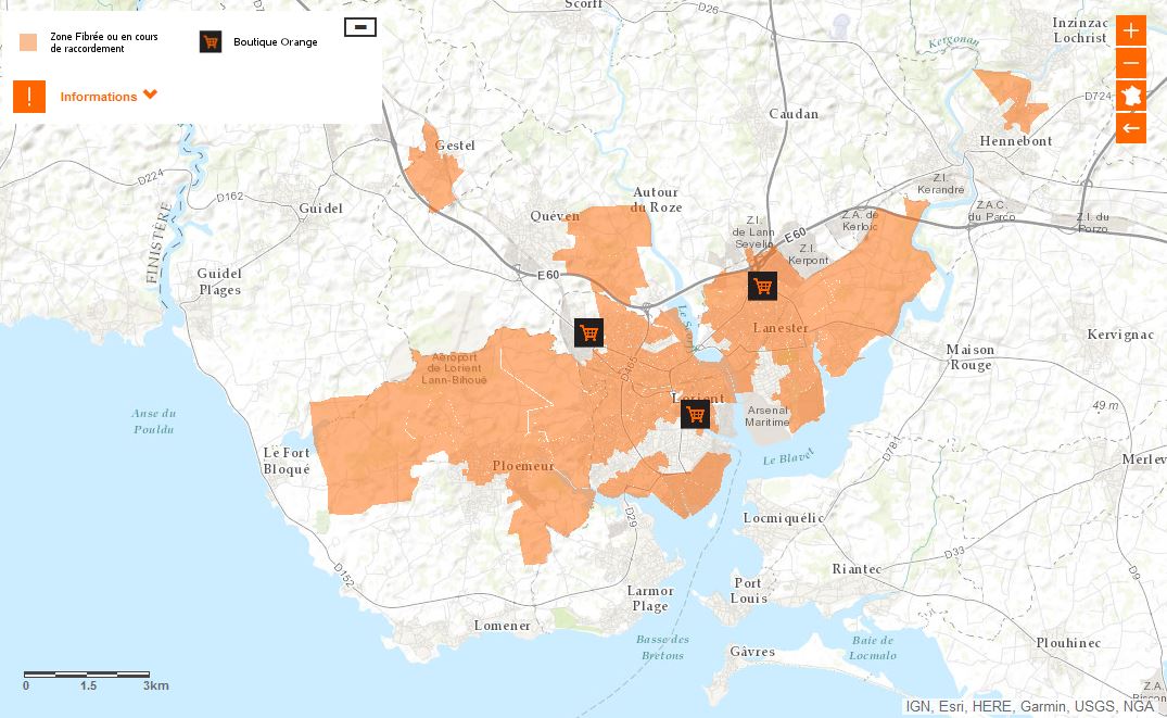 Carte de la couverture en fibre optique à Lorient Agglomération - Orange