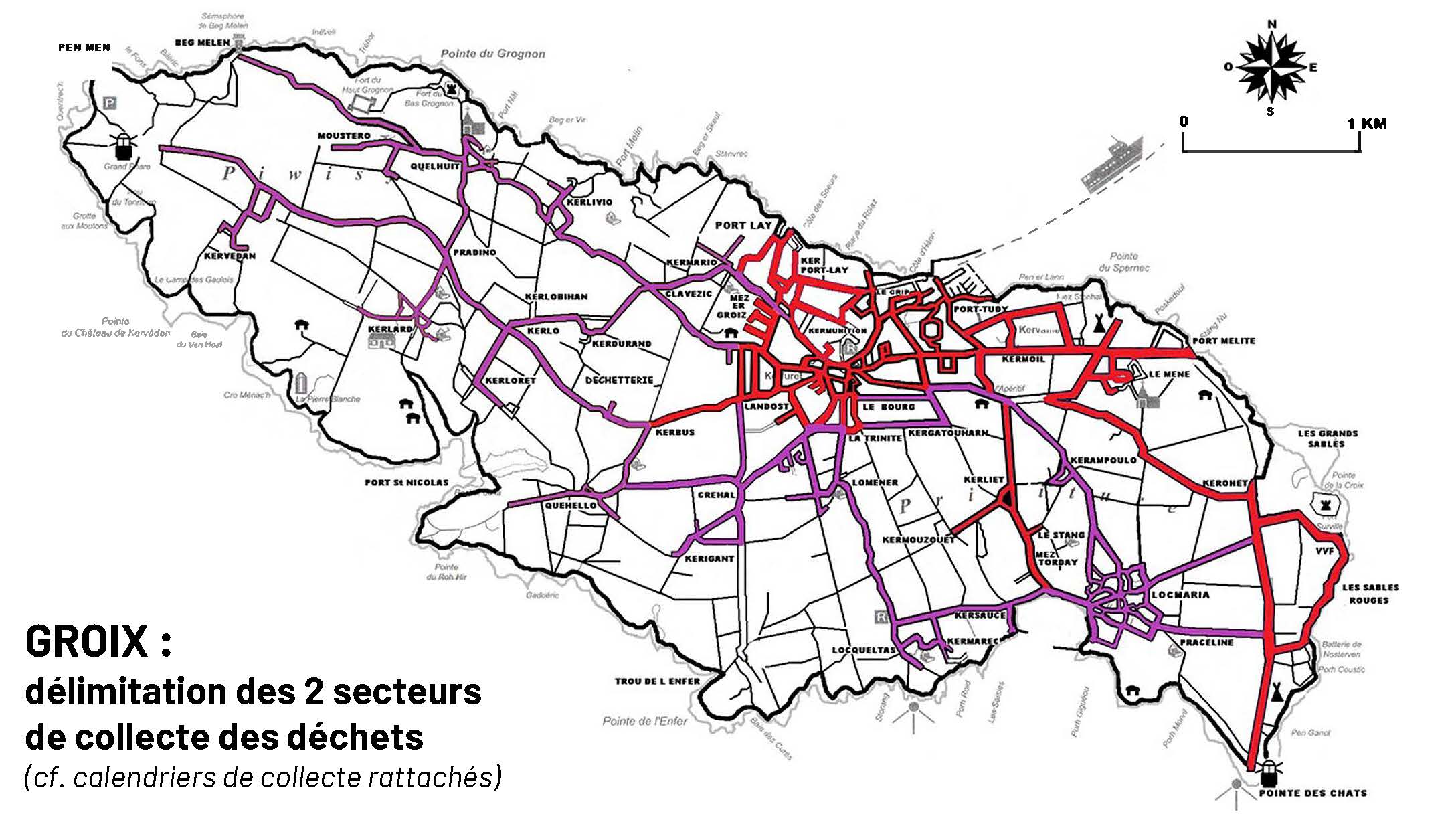 Carte de sectorisation de la collecte des déchets sur l'Île de Groix